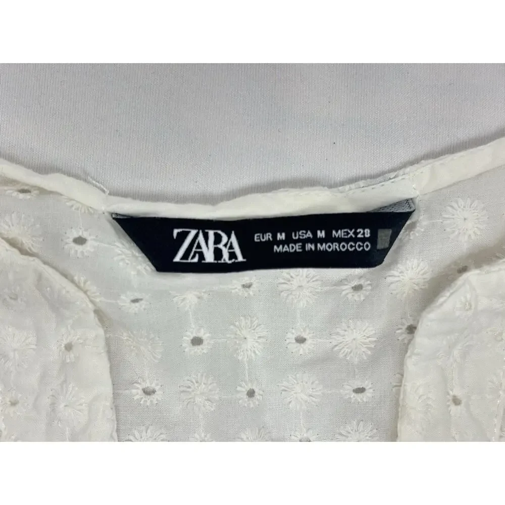 Zara Women 100% Cotton Embroidered Eyelet Off White V-neck Popover Size M